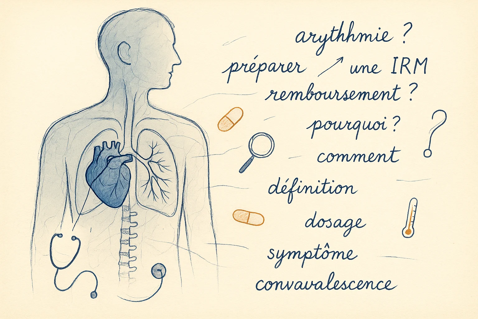 Silhouette anatomique entourée d'annotations manuscrites en français : arythmie, IRM, remboursement, symptôme, convalescence